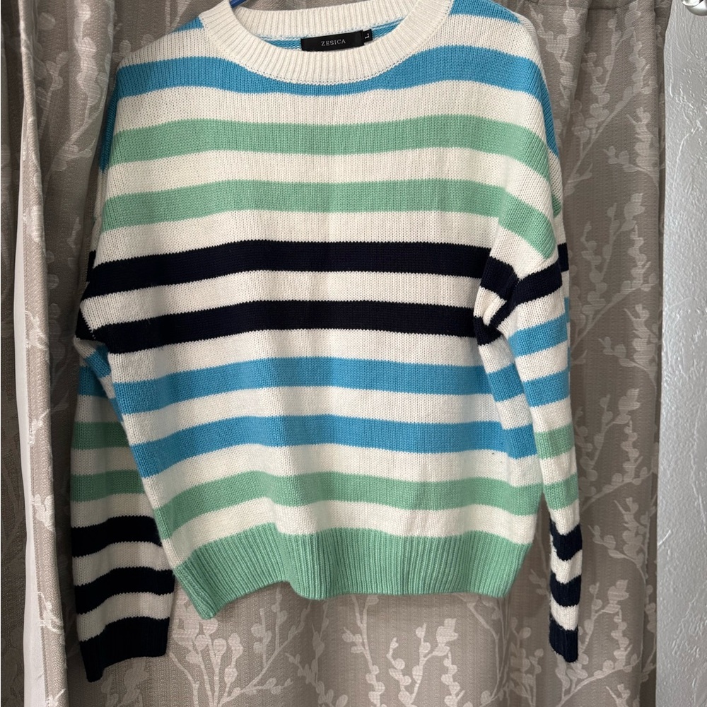 Blue and Green Striped Crew Neck Sweater